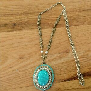 West Germany blue peking glass cabochon ornate pendant necklace